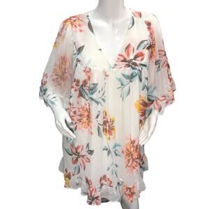 Lovers + Friends Size L Mini Dress White Floral Babydoll Ruffle Sleeve 3/4
